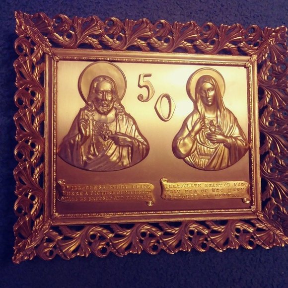 Immaculate Heart of Mary Golden Metal Wall Plaque Vintage Long Love Life - Picture 3 of 9